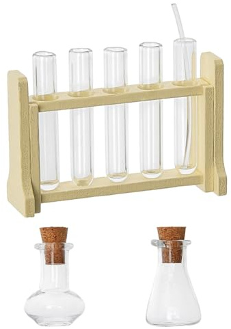 Hobbspring Mini provetta in vetro per casa delle bambole Set scientifico per casa delle bambole Tubo di vetro in miniatura Piccolo tubo di prova in legno Rack Micro paesaggio esperimento ornamento per