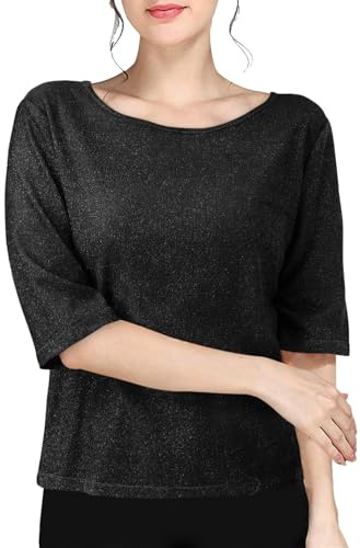 Hauts pour femme - Chemisier à paillettes - Col rond - Haut à paillettes - Style décontracté - Pour femme - Pour l'été 2024 - Haut à manches courtes - T-shirt brillant pour femme, Noir , XXL