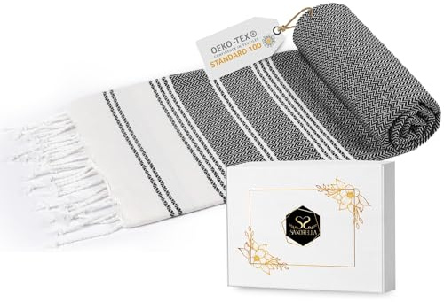 Sandrella Hamamtuch Sauna Damen & Herren groß 100x200 Baumwolle Strandtuch Decke Pestemal Geschenkset |dunkelgrau