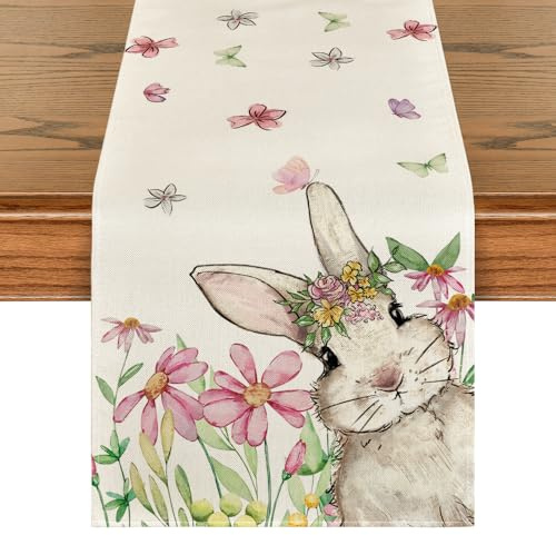 Artoid Mode Rosa Blumen Hase Ostern Tischläufer, Saisonnal Frühling Waschbar Küche Esstisch Dekoration Drinnen Urlaub Party Dekor 40x180 cm