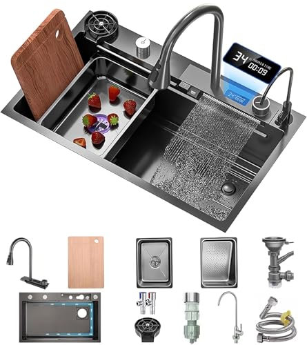 Fregadero cascada 68x45cm,Negro Gris Acero Inoxidable Fregadero Cocina,Fregadero de cocina con cascada on Grifo de Cocina Extensible,Filtro de Drenaje,Sifón,Dispensador de Jabón y Juego de Desagüe