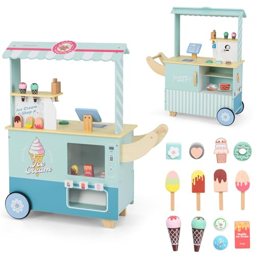 COSTWAY Carrito de Helados para Niños, Heladería de Madera con Ruedas, Juego de Simulación con Máquina de Helados y Máquina Expendedora, Expositor, Pantalla, 15 Juguetes de Comida, Asa (Verde)
