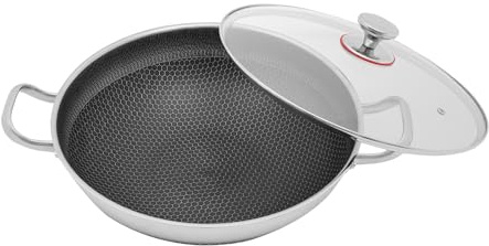 Padella in acciaio inox da 36 cm, rivestimento antiaderente per cottura a induzione, padella rivestita con coperchio in vetro temperato per friggere, saltare per riscaldamento con fiamma aperta e la
