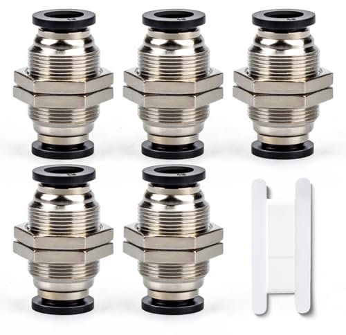 Bwintech 5 Pcs 8mm Bulkhead Union x 8mm Tube OD Push to Connect Tube Fitting, Nickel Plated Brass Pneumatic Quick KPM8 Connect Air Fitting