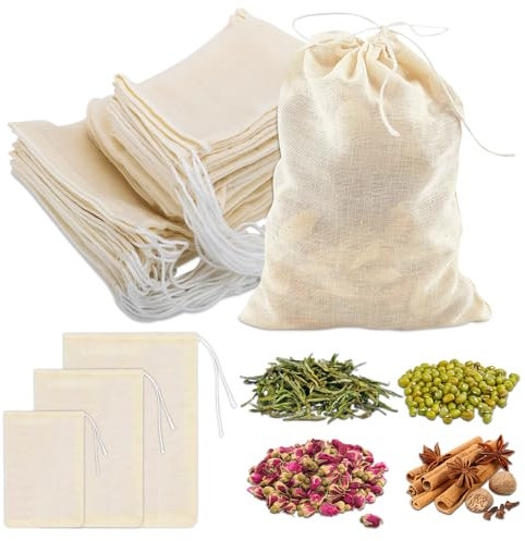 QINGHEC 45 Stück Gewürzsäckchen, Gewürzbeutel Zum Mitkochen, Baumwollbeutel mit Kordelzug, 3 Größen, Gewürzsäckchen Zum Kochen für Losen Tee Kaffee Gewürze