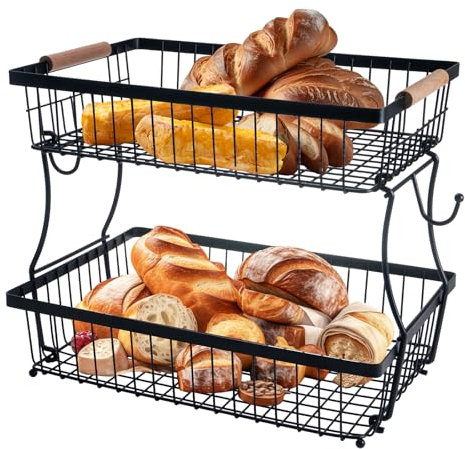 Stormshopping 2 Tier Fruit Basket with 2 Banana Hangers, Countertop Fruit Vegetable Basket Bowl for Kitchen Counter Metal Wire Fruits Storage Stand Holder Organizer for Bread Snack Veggies Produce