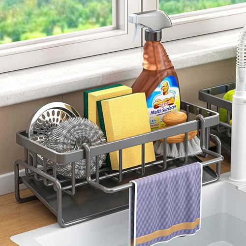 SHENGRUI Multifunctional Kitchen Sink Storage Organiser, Black Carbon Steel Sponge Holder, Countertop Cleaning Rack with Removable Dish Cloth Hanger, Washing up Caddy for Kitchen Bathroom (Black)