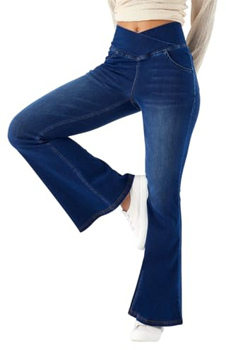 SotRong Crossover High Waisted Tummy Control Flared Jeans for Tall Women Elasticated Bell Bottom Jean Trousers Trendy Stretchy Bootcut Denim Pants with Pockets Dark Blue XL