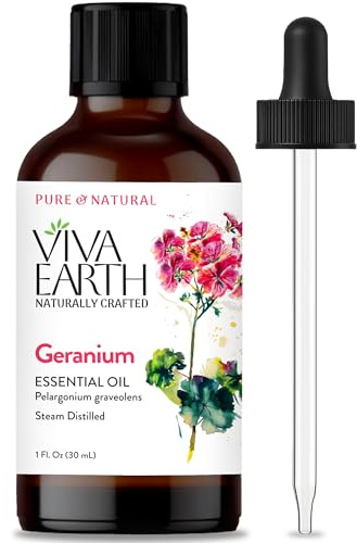 Viva Earth Geranium Essential Oil – Steam Distilled, 100% Pure & Natural Rose Geranium Essential Oil for Skin, Hair, Long-Lasting Floral Aroma, Aromatherapy, DIY Beauty, Soap & Candle Making, 1 fl oz