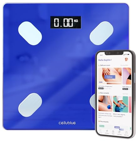Balance Connectée Minceur Cellublue - Pèse-Personne Intelligent avec 12 Indicateurs de Composition Corporelle, Analyse de Graisse, Muscle et IMC - Compatible Smartphone, Suivi précis de poids