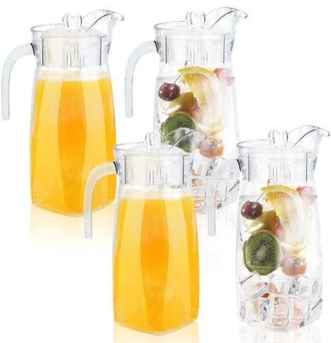 4 Pack 1.3 L Plastic Jug, Juice Pitcher | Pitcher Water Jug with Lid, Vented Spout, Ideal for BBQ's, Parties, Cocktails, Camping & Everyday Indoor/Outdoor Use