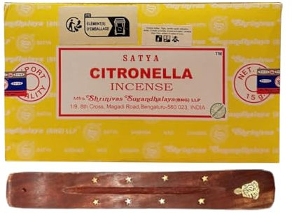 Räucherstäbchen SATYA Premium – natürliche und holzige Stäbchen – Citronella (Anti-Mücken) + Räucherstäbchenhalter