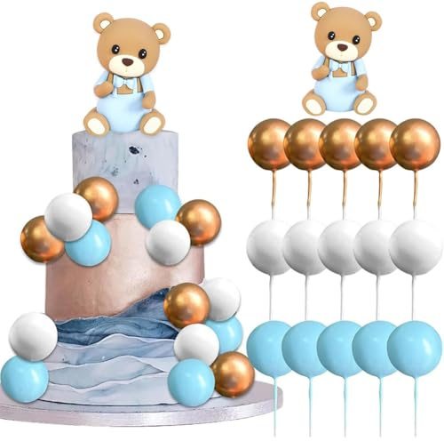 25 PCS Teddy Bear Cake Decoration, Bear Baby Shower Cake Topper, Mini Balls Cake Toppers, Teddy Bear Cupcake Toppers Brown Foam Balloon Pearl Ball for Baby Shower Birthday Party Supplies