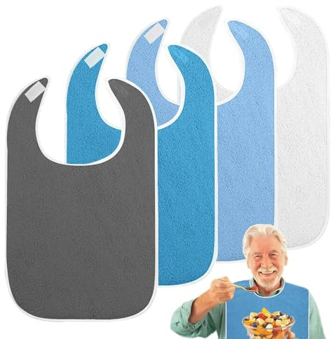 Lot de Bavoir pour Adultes, 4 Pièces Bavoirs en Tissu éponge pour Adultes, Réglable Polyester Bavoir, Universelle Bavette avec Fermeture Velcro, pour les Repas des Personnes Agées