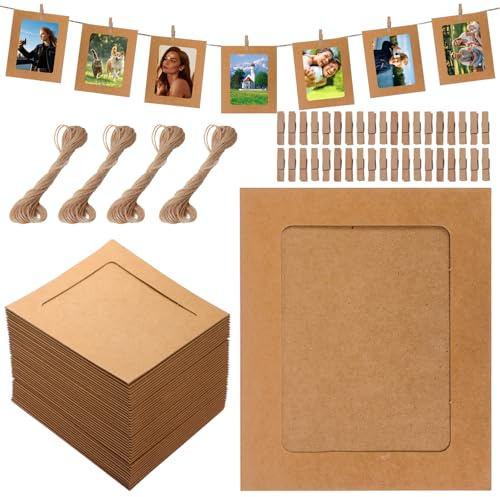 lakudayy 40 Stück Fotogirlande, 11.5 * 15.5 cm Fotorahmen für Mehrere Fotos aus Pappe, Fotoleine mit Klammern, DIY Bilderrahmen Wanddekoration für Hochzeit Party Jubiläum Deko Foto Banner (Cowhide)