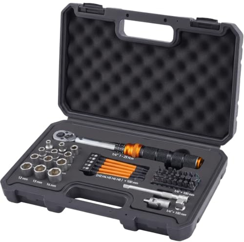WAXTRON Drehmomentschlüssel Fahrrad 1/4 Zoll 1-25 Nm 45-teilig Set | ±3% ISO Genauigkeit, 0,1 Nm Feinjustierung, 72 Zähne Umschaltknarre, inkl. Verlängerung, Steckschlüssel, und Bits