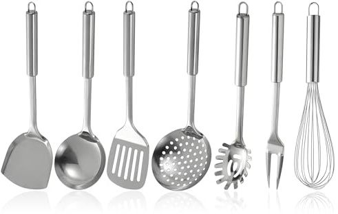 Edelstahl Kochutensilien Set 7 teilig, Kochlöffel Set mit Pfannenwender Suppenkelle Schaumlöffel Spatel Schneebesen Nudelserver Fleischgabel mit Aufhängeloch für alle Küchenbedürfnisse