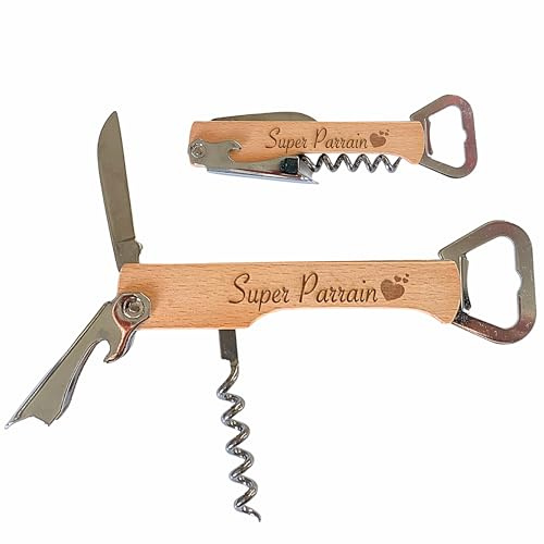 Tire-Bouchon & Décapsuleur 3 en 1 – Cadeau pour Parrain – Ouvre-Bouteille Vin & Bière – Gravé « Super Parrain » – Limonadier Multifonction en Bois