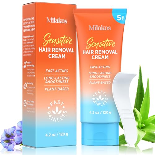 Milakos Painless Hair Removal Cream for Women – Sensitive Skin Depilatory with Aloe Vera & Chamomile – Fast, Gentle Hair Remover for Bikini Line, Legs, Underarms & Arms