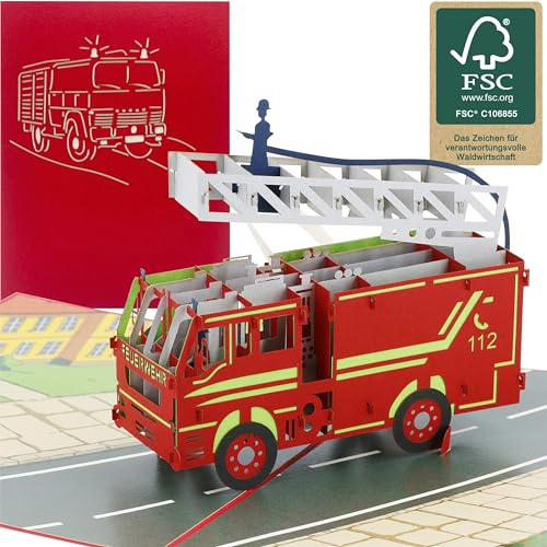 design3dkarten® Feuerwehr, 3d Klappkarte, Löschzug, Feuerwehrauto, Pop Up Karte, Glückwunschkarte, Grußkarte, Geschenkkarte