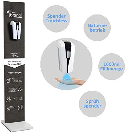 MyMAXXI | Mobiler Hand Desinfektionsständer Wood Printed Logo Sensor 1000ml mit individuellem Logo im Grau-Design stehend automatisch Infrarot | touchless Disinfection | Desinfektionsspender