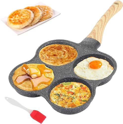 4 Trous Poele A Pancakes Induction, Poele Pancake Cuiseur À Œufs En Alliage D'aluminium Poêle À Omelette Antiadhésive Mini Poêle À Crêpes Avec Brosse À Huile De Silicone Pour Le Petit Déjeuner, Bacon