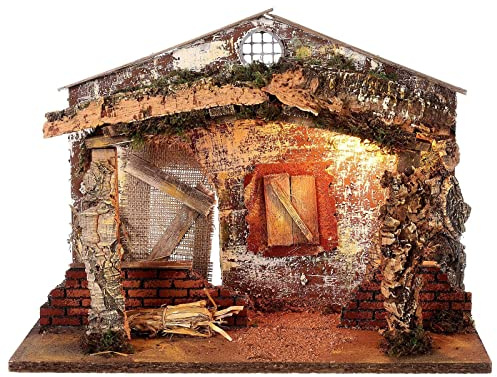 Rossi Rosa Krippe mit Lichtern 42x19x30 cm – Art. 87466 – Leere Höhle mit warmer Beleuchtung – Italienisches Handwerk – Hergestellt in Italien