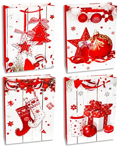 Presentpåsar för Jul XL Extra Stor Storlek -4 Pack- Presentpåsar med 4 Vinterdesign för Julklappar, Strumpbyxor, Presentinslagning och Festfavoriter (42x30x12cm)