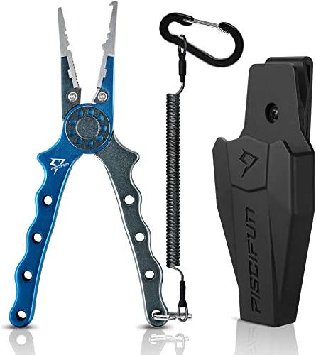 Piscifun Fishing Pliers with Sheath & Lanyard, Split Ring Tool, Braid Line Cutters, Hook Remover, Corrosion-Resistant Aluminum Fishing Gear for Men, Great Fishing Gift (Blue) | Aluminum body, split ring tip, hook remover, tungsten carbide blade, spring-loaded jaws