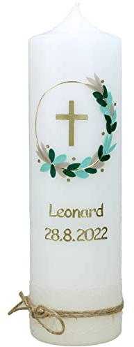 Cerziies® Taufkerze LEONARDO Junge oder Mädchen mit Name und Datum, individuell und handverziert 1641