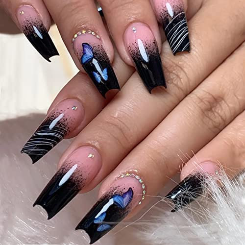 JUSTOTRY 24 Stück Sarg Nägel Zum Aufkleben Lang mit Schmetterling,Schwarz French Künstliche Nägel, Ballerina Kunstnägel Press on Nails,Coffin Fingernägel Fake Nails Mittel für Frauen