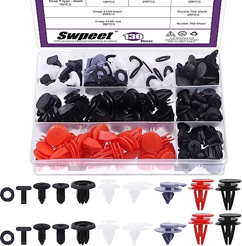 Swpeet 130 clip di fissaggio in nylon per maniglia del portellone posteriore, 4 colori, clip di fissaggio per paraurti, 7 dimensioni popolari, rivetti automatici a spinta, kit di fissaggio in nylon 4