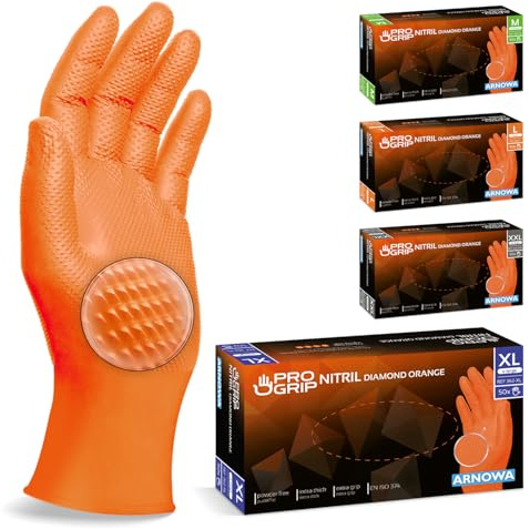 500x PROGRIP Gants nitrile taille XL Orange [Avec double épaisseur et texture diamantée], Gants nitrile à usage unique pour atelier, industrie et montage, Gants nitrile à usage unique