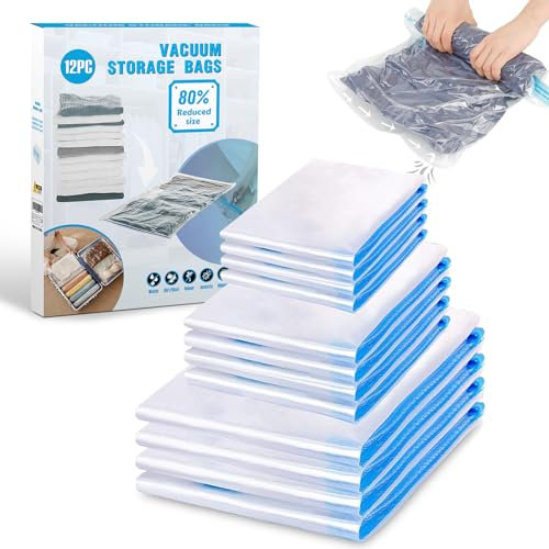 XINGGANG Sacchi Sottovuoto di Rotolo a Mano, 12 Pezzi(4 * 70 x 50cm,4 * 60 x 40cm,4 * 50 x 35cm) Sacchetti da Viaggio, Sacchetti Salvaspazio, Sacchetti Sottovuoto Salvaspazio Riutilizzabili