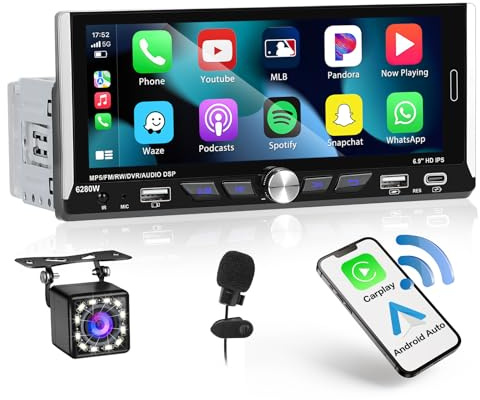 [2026 Nuevo] Hikity 1 DIN Radio de Coche Bluetooth con CarPlay inalámbrico y Android Auto inalámbrico, 6,9 Pantalla Táctil con 2 USB/Tipo-C Radio FM Mandos a Distancia+Mic+Cámara Trasera