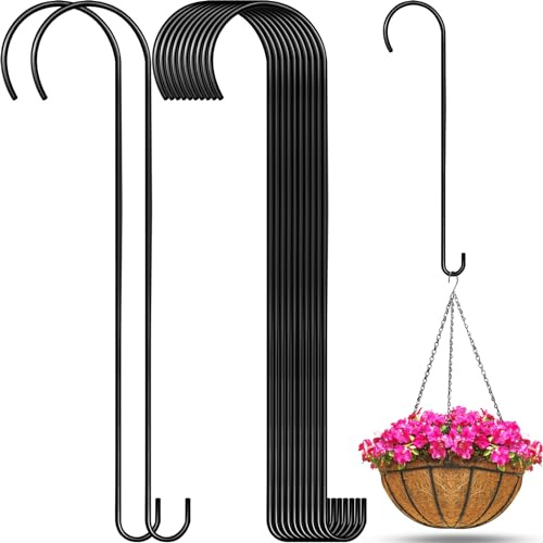 Leriton 12 Pack 24 Inch Long S Hooks for Hanging Plants, Heavy Duty Metal Tree Branch Hangers Extenders for Bird Feeders Flower Baskets Wind Chimes Black Vinyl Coated Garden Hook
