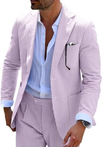 Wehilion Men's 2 Piece Seersucker Suit, 2 Button Slim Fit Casual Blazer & Pants for Summer Wedding Prom Light Purple L