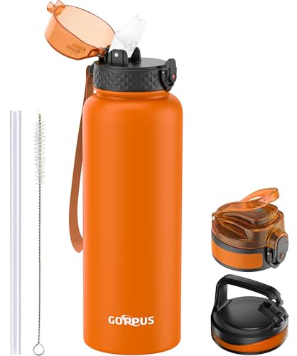 GOPPUS 1.2L/40oz Stainless Water Bottle with Straw Double Wall Insulated Bottles with Strap Large Vacuum Thermal Flask Leakproof Keep Cold Drinks Bottles with Flip Top Lid for Men Women BPA Free