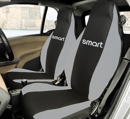 Rebeca Shop® Vordersitzbezüge kompatibel für Smart Fortwo 1., 2. und 3. Serie, W450, W451, W453, 2er-Set (Schwarz/Hellgrau, mit Logo)
