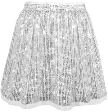 Pailletten Rock Mädchen Glitzer Rock Kinder A-Linie Glitzerrock Disco Outfit für Festlich Party 8–10 Jahres Silber
