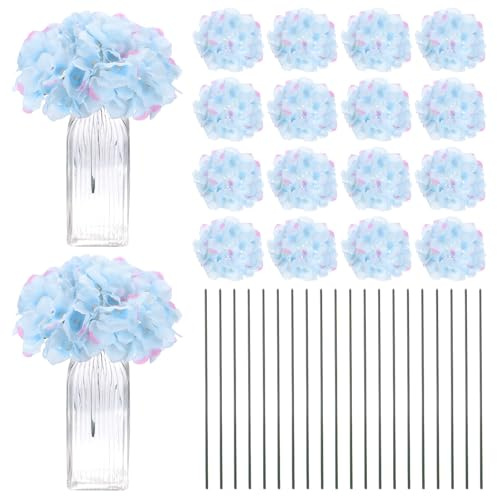 M METERXITY 40 Pcs Fleurs d'Hortensia en Soie, Têtes de Fleurs Artificielles avec 40Pcs Tiges, Fleurs d'Hortensia Complètes pour Décoration Mariage/Noël/Fête [Bleu Pâle avec Bordure Rose]