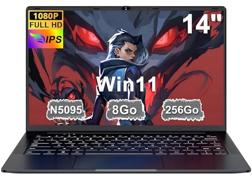 Ordinateur Portable 14 Pouces Celeron N5095 Win11 Pro 8Go RAM 256Go SSD Extension1To 5G WiFi 1920x1080 FHD PC Portable avec Souris sans Fil qwerty Clavier avec AZERTY Membrane du Clavie - Noir Métal