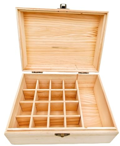 Anktily Unlackierte Aufbewahrungsbox aus Holz mit Deckel/17 Fächern, 20 x 14,5 x 10 cm, unlackiertes Holz, Box für kleine Andenken, Schmuck, Teebeutelhalter