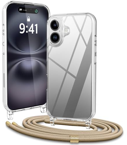 Vaykwo Handykette für iPhone 16 Hülle mit Band, Golden | Necklace Handyhülle, Transparente Case zum Umhängen, Verstellbar und Abnehmbar
