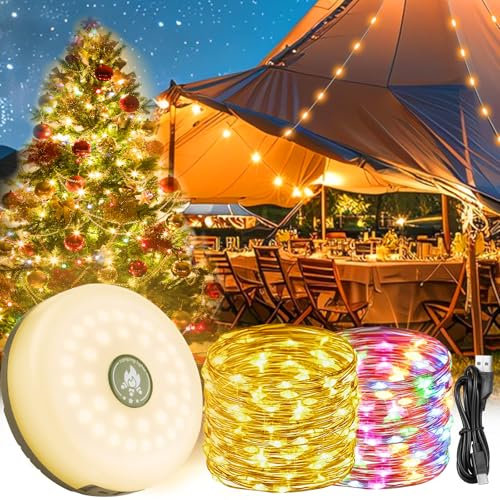 LDUMODUW Guirlande Lumineuse de Camping, 10M Guirlande Lumineuse 8 Modes D'éclairage, 2000mAh Portable Rechargeable 4 EN1 Camping Lampe, pour Camping, Jardin, cour et Décoration
