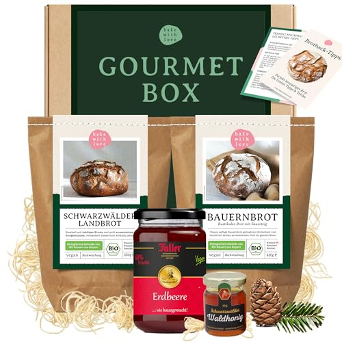 Gourmet Geschenkkorb für Feinschmecker – Geschenkbox mit 2 Brotbackmischungen, Marmelade & Honig – Feinkost Präsentkorb zum Geburtstag, Einzug oder als Dankeschön - Bake with Love