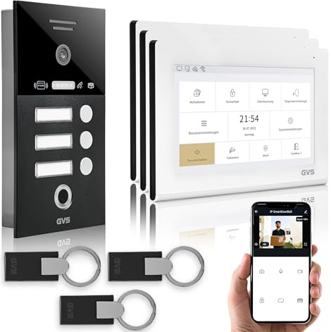 GVS Video Türsprechanlage 3 Familienhaus RFID + Fingerprint - 3x7 Monitor | Smarte Video Türklingel mit Kamera und Monitor & App - Gegensprechanlage mit Türöffner, RFID & Fingerprint (AVS4486U)