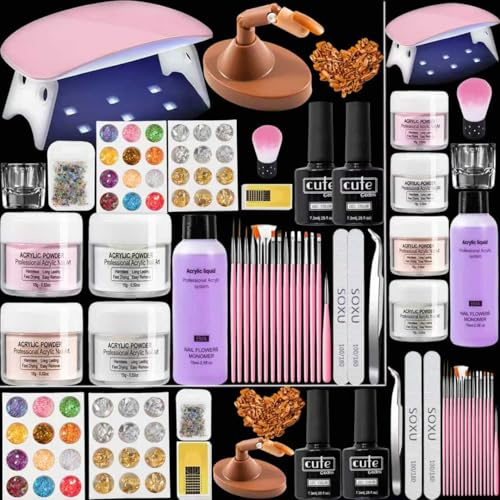 WONEDIRR Acrylic Nail Kit: 4 Colors Acrylic Powder - Nude Pink Transparent White - Nail Practice Hand with Replaceable Nail Tips - Nail Lamp with 75ml Acrylic Liquid for Nail Practice Kit