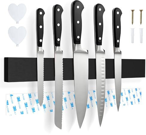 Portacoltelli Magnetico da Parete 40cm con 2 Ganci Adesivi, Ceppo per Coltelli in Legno con Magneti N40, Ceppo Coltelli da Cucina Vuoto, Barra Magnetica per Cucina, Utensili e Attrezzi (Nero)
