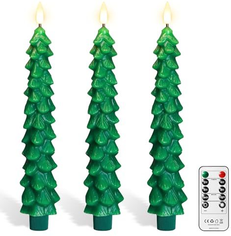 yunsheng 2 velas de árbol de Navidad con temporizador remoto, velas cónicas sin llama de cera real verde parpadeantes, 9.5 pulgadas, funciona con pilas, vela LED para ventana para decoración del hogar